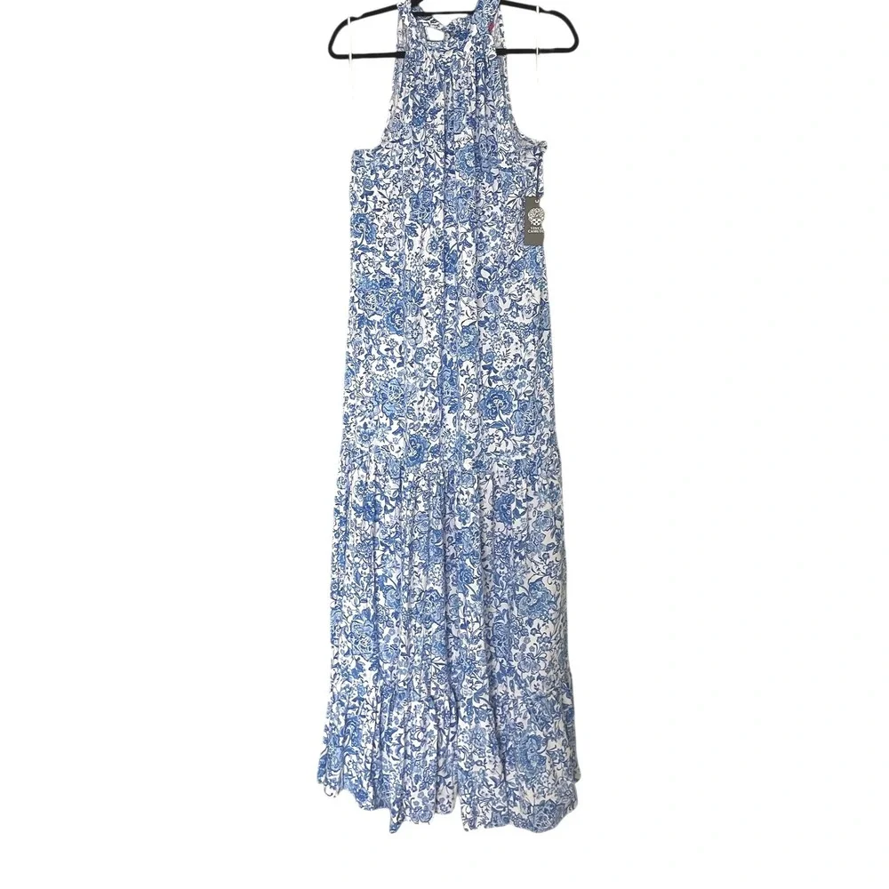 Vince Camuto Blue White Floral Halter Maxi Dress Tiered Sleeveless Gown NWT - Picture 1 of 2